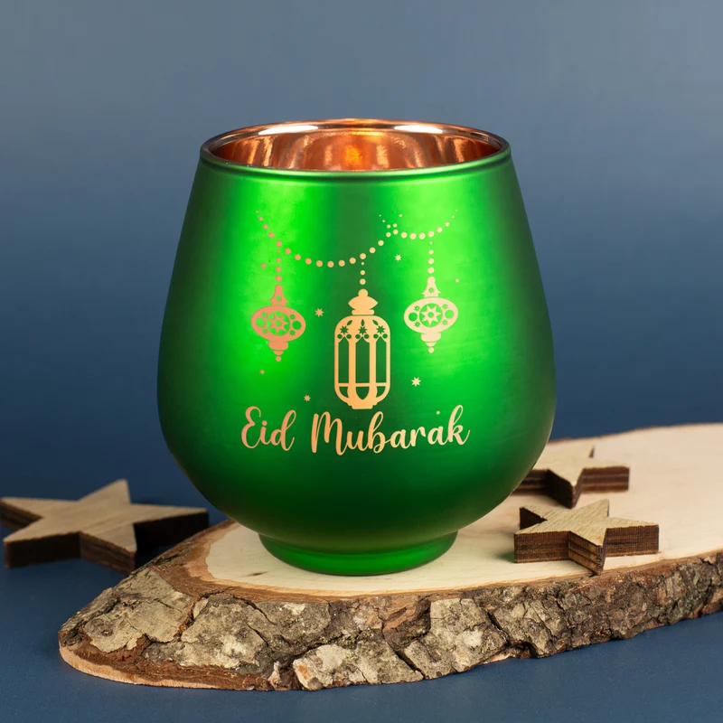 Teelichthalter zu Ramadan mit Gravur 'Eid Mubarak' | Windlicht aus Glas | Rot oder Grün