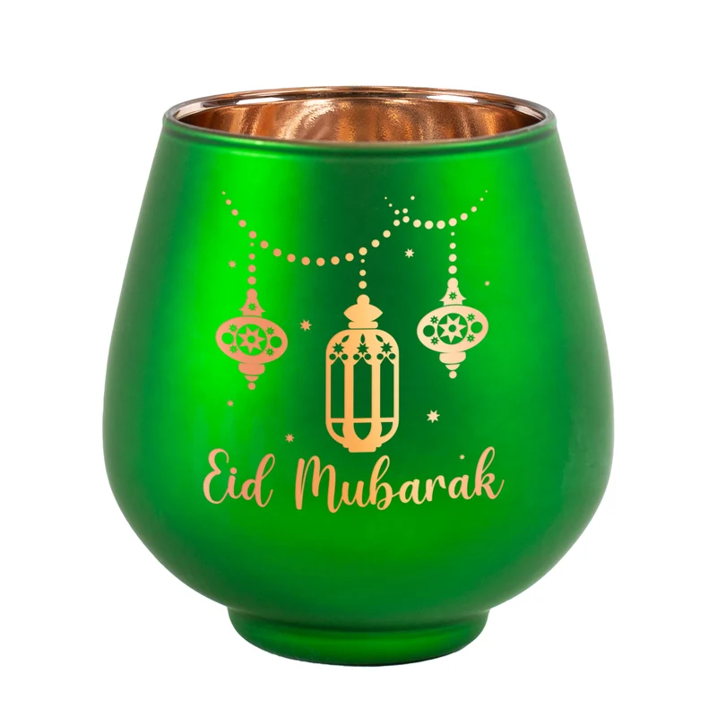Teelichthalter zu Ramadan mit Gravur 'Eid Mubarak' | Windlicht aus Glas | Rot oder Grün