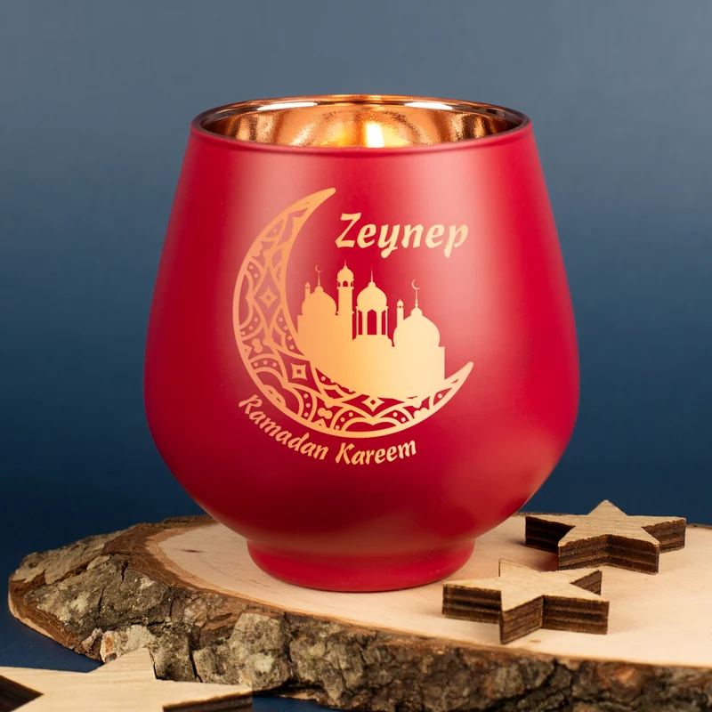 Windlicht zu Ramadan personalisiert mit Name | Teelichthalter aus Glas | Rot oder Grün