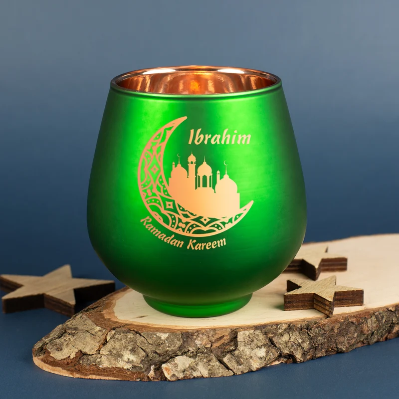 Windlicht zu Ramadan personalisiert mit Name | Teelichthalter aus Glas | Rot oder Grün