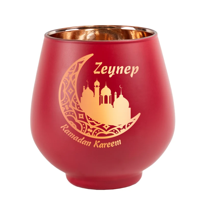 Windlicht zu Ramadan personalisiert mit Name | Teelichthalter aus Glas | Rot oder Grün