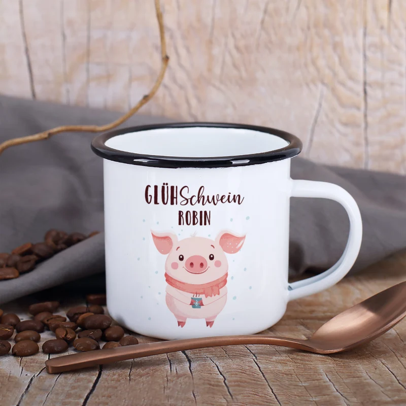 Personalisierte 'Glühschwein' Emailletasse | Witzige Tasse zu Weihnachten für Glühwein & Winterzeit