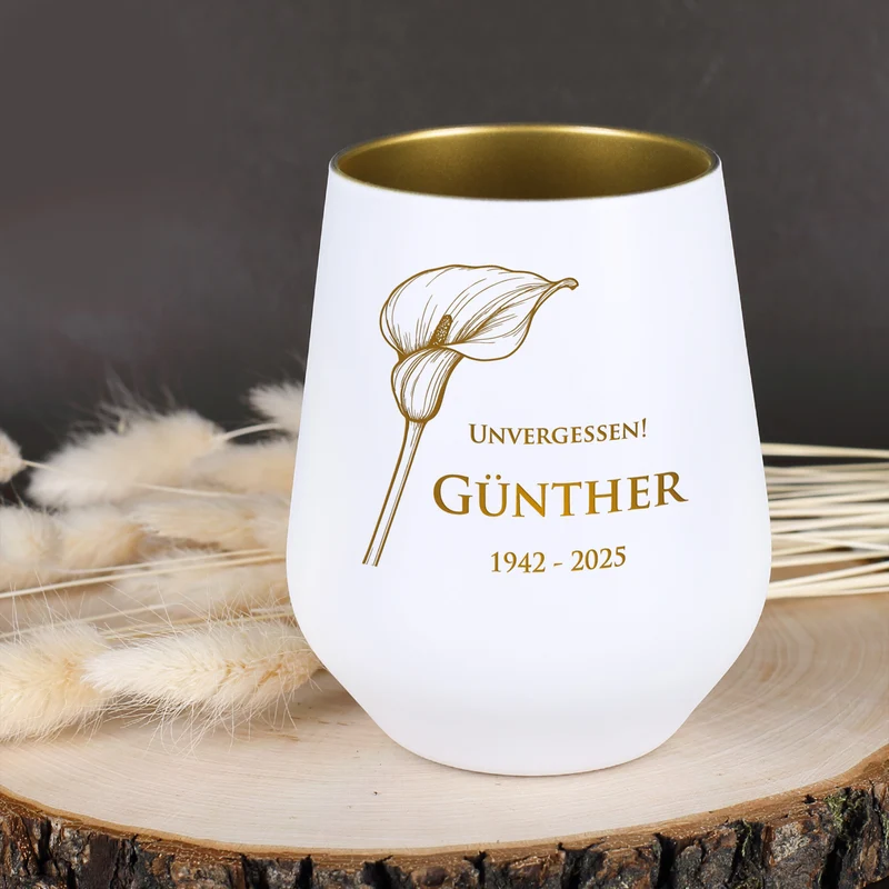 Personalisiertes Windlicht als Trauerkerze mit Gravur und Calla-Motiv | Weiß & Schwarz