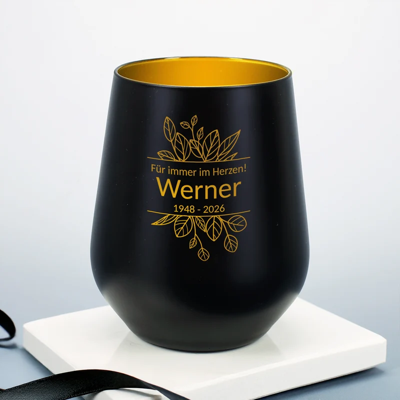 Personalisierbares Windlicht als Trauerkerze mit Gravur | Weiß & Schwarz