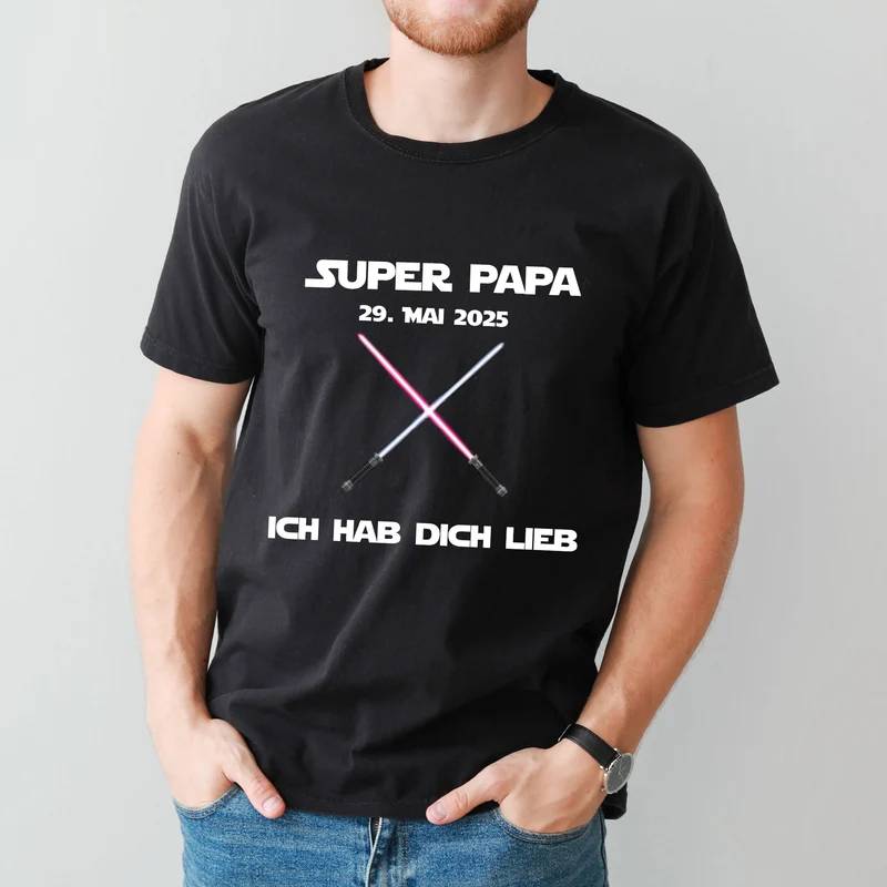 T-Shirt für Papas zum Vatertag o. Geburtstag mit Lichtschwert Motiv | Personalisiert | Schwarz