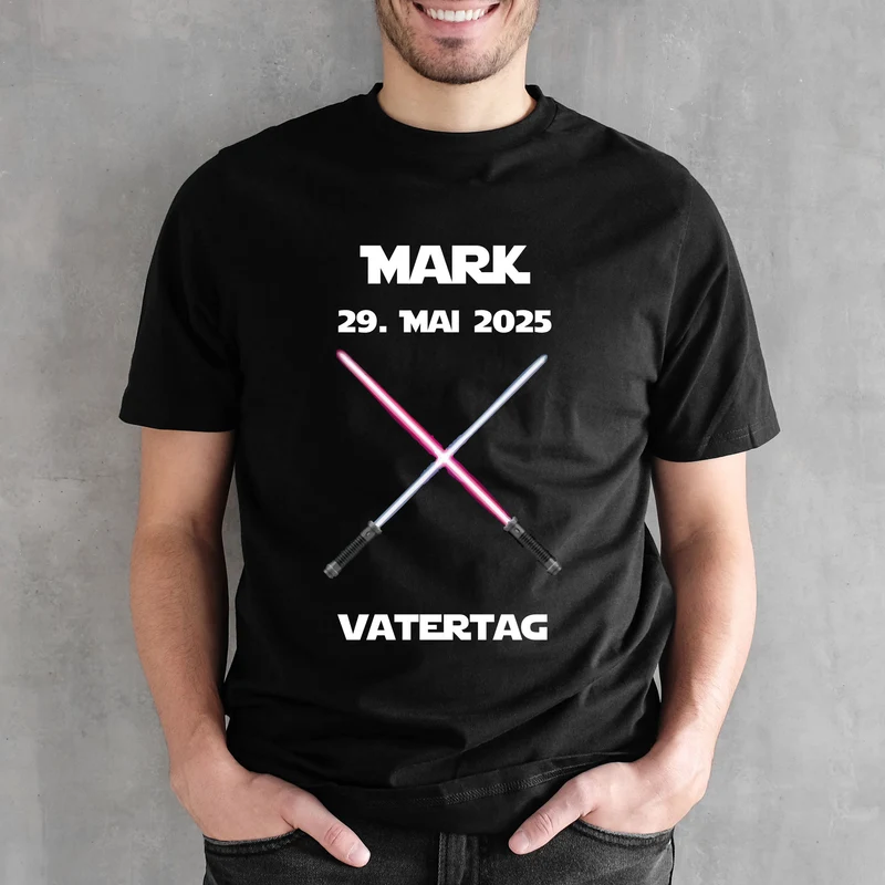 T-Shirt für Papas zum Vatertag o. Geburtstag mit Lichtschwert Motiv | Personalisiert | Schwarz