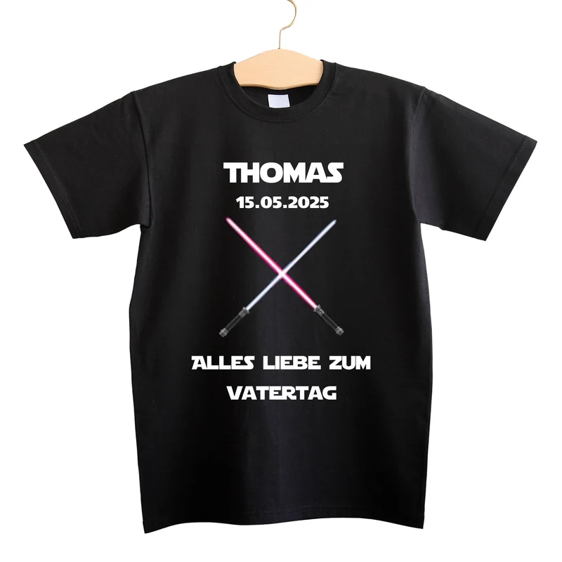 T-Shirt für Papas zum Vatertag o. Geburtstag mit Lichtschwert Motiv | Personalisiert | Schwarz