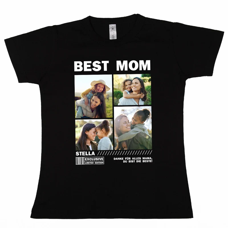 Personalisiertes Damen T-Shirt mit Fotocollage für Mama, Oma, Freundin & mehr | Schwarz | Muttertagsgeschenk