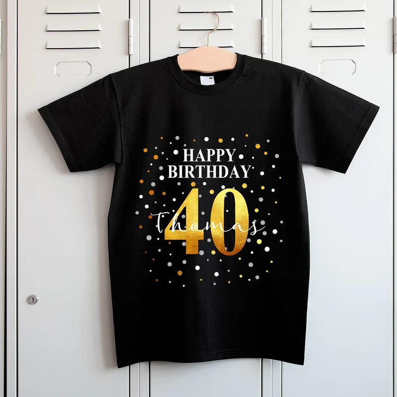 Geburtstags T-Shirt mit Konfetti-Design - personalisiert mit Name & Jahreszahl | Herren | Schwarz