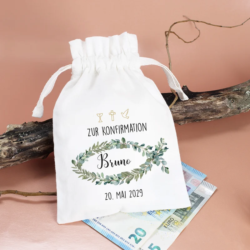 Geschenksäckchen zur Taufe, Kommunion, Konfirmation | Personalisiert | Eukalyptus Fisch