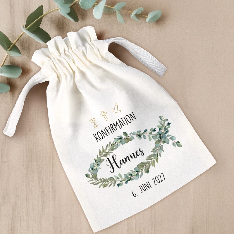 Geschenksäckchen zur Taufe, Kommunion, Konfirmation | Personalisiert | Eukalyptus Fisch