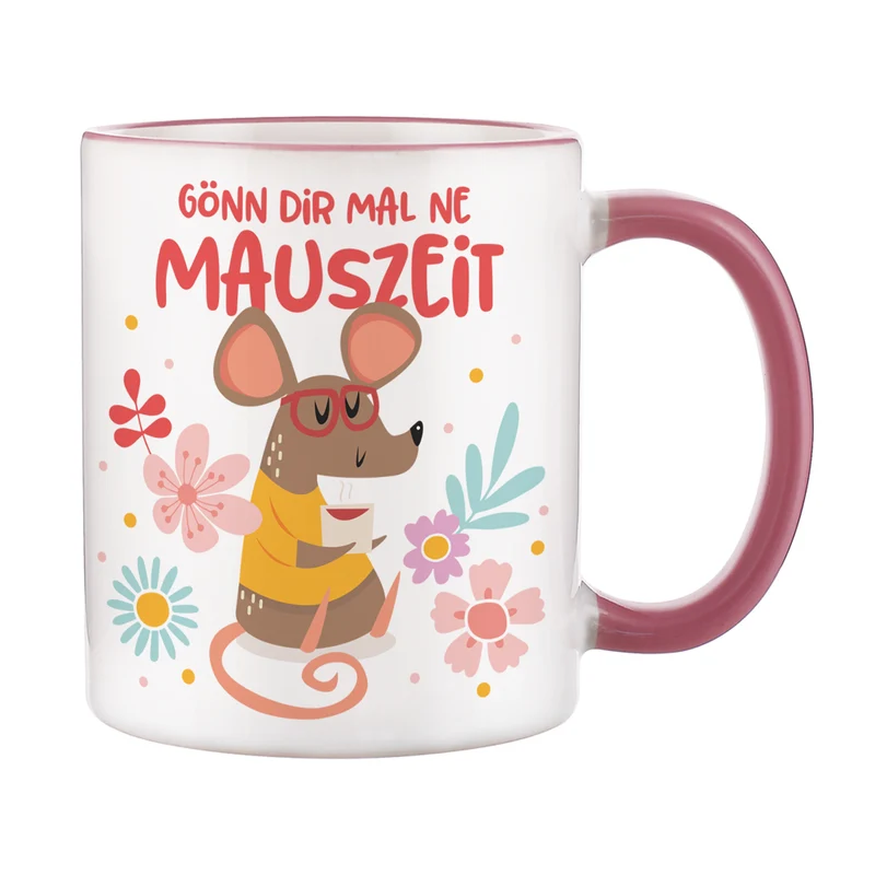 Tasse "Gönn dir mal ne Mauszeit" personalisiert mit Name | Rosa Rand & Henkel