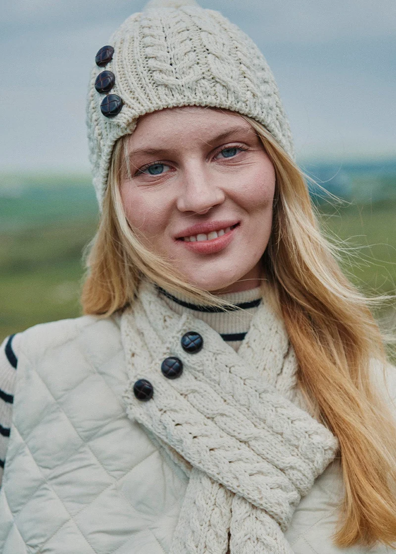 Aran Button Beanie Hat