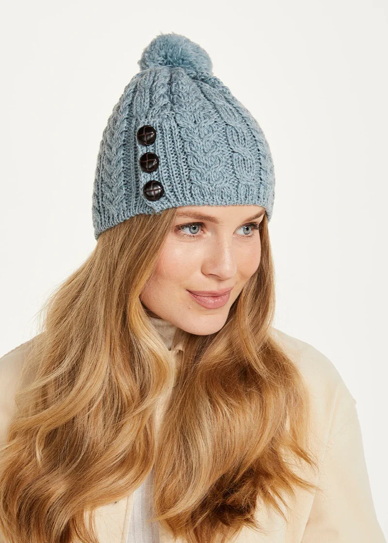 Aran Button Beanie Hat
