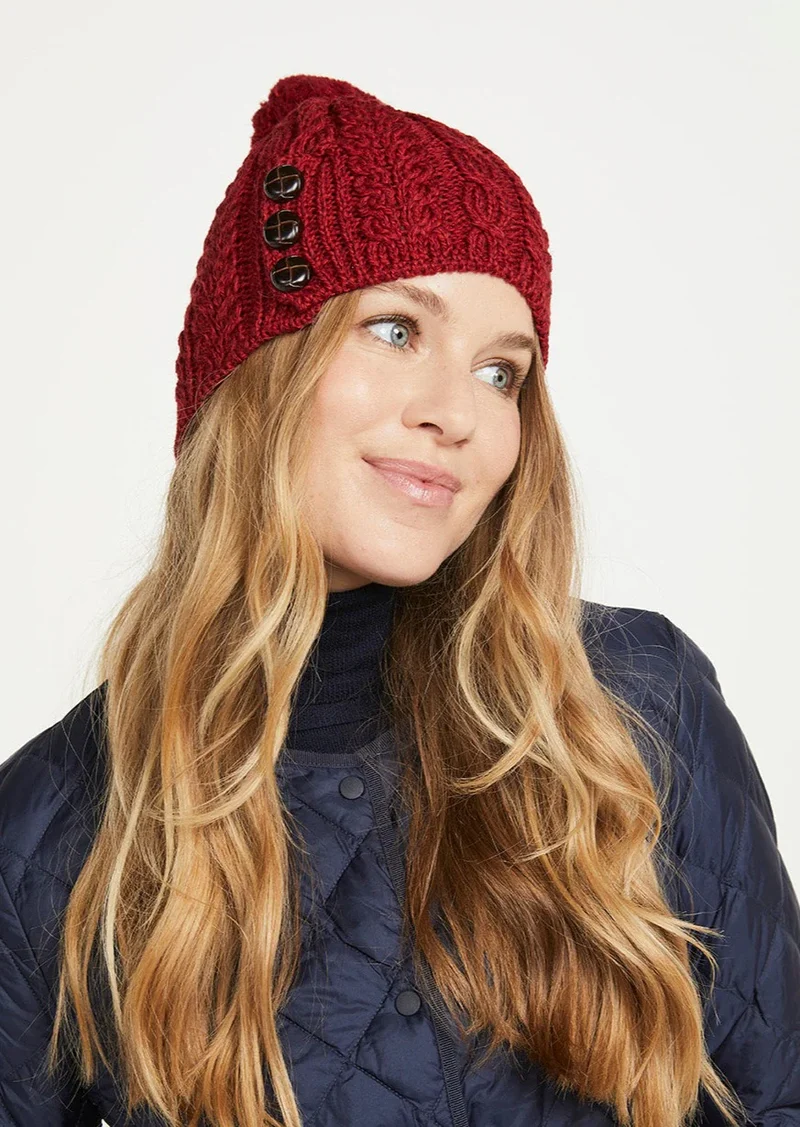 Aran Button Beanie Hat