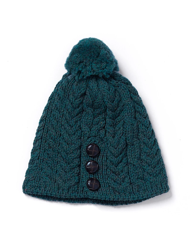 Aran Button Beanie Hat