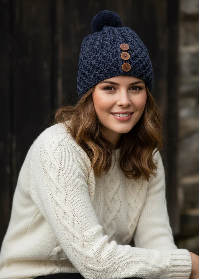 Aran Merino Wool Button Hat with Pom Pom - Natural