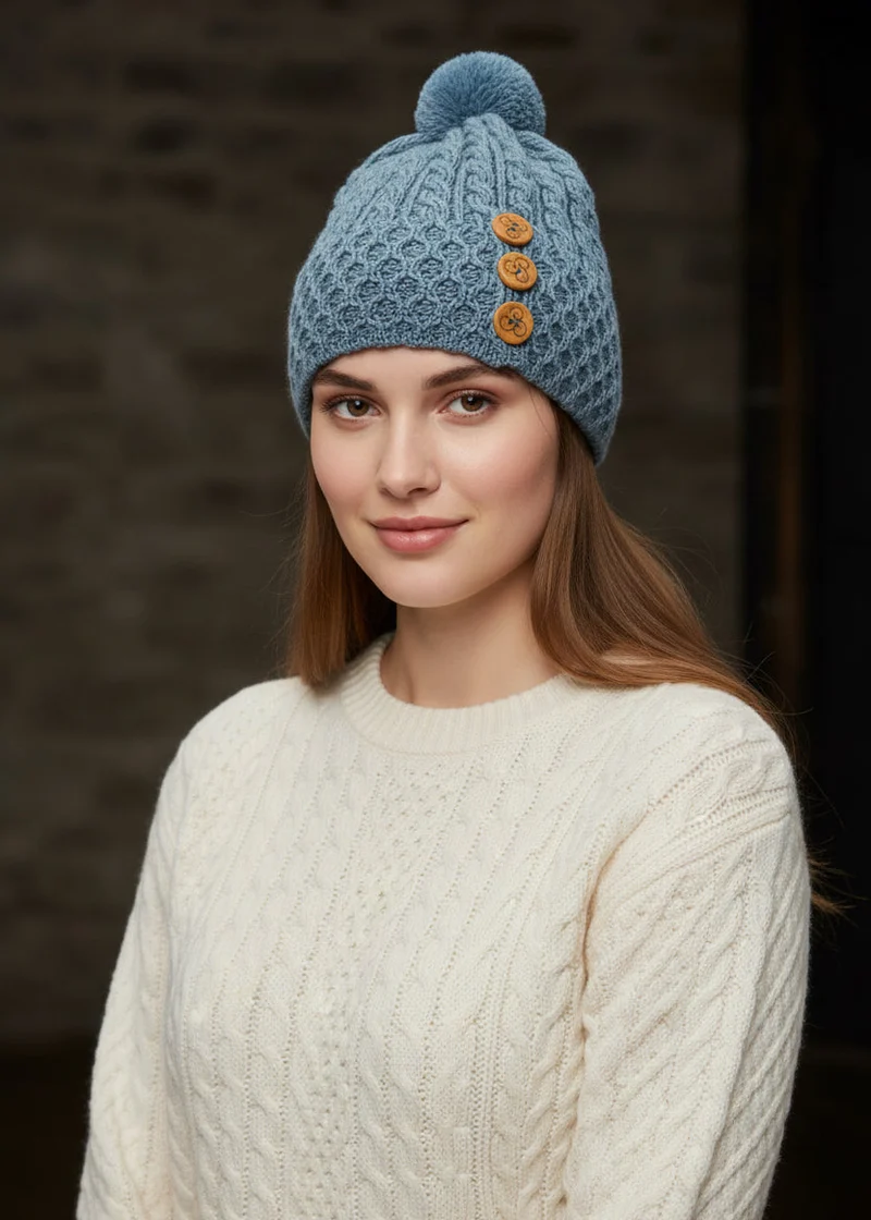 Aran Merino Wool Button Hat with Pom Pom - Natural