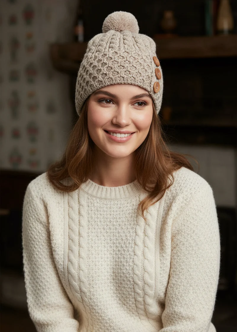 Aran Merino Wool Button Hat with Pom Pom - Natural