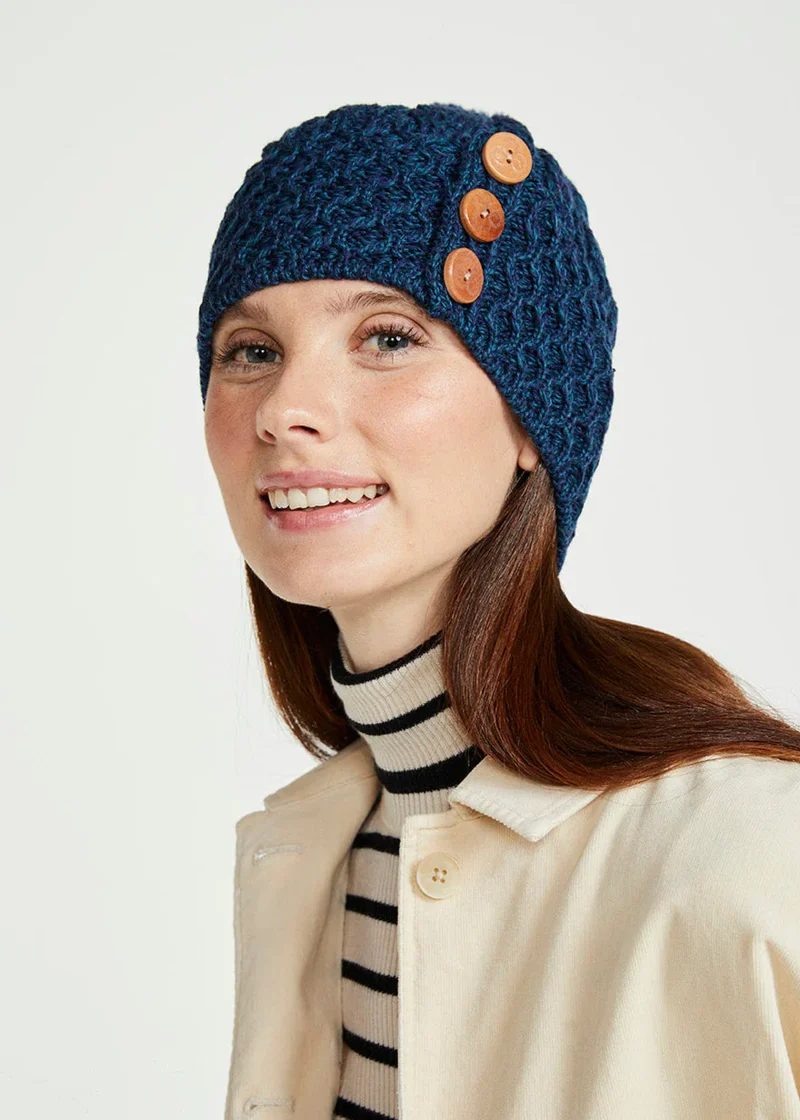 Aran Merino Wool Button Hat with Pom Pom - Natural