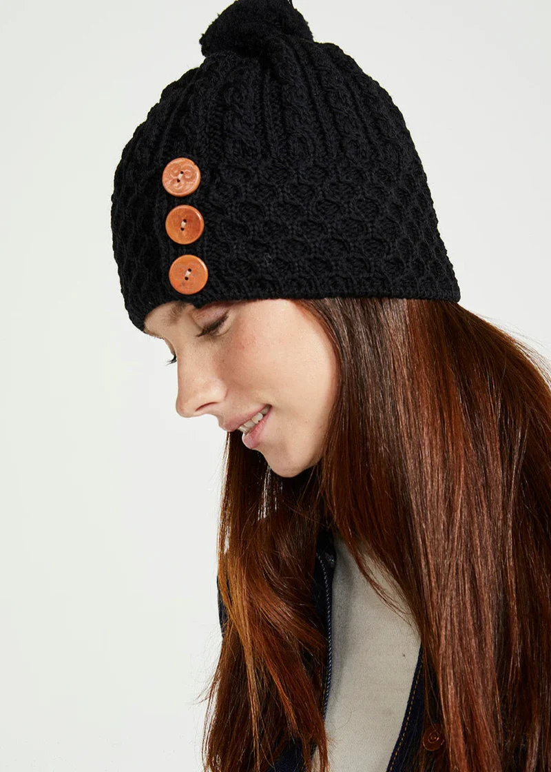 Aran Merino Wool Button Hat with Pom Pom - Natural