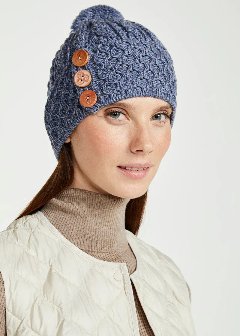 Aran Merino Wool Button Hat with Pom Pom - Natural