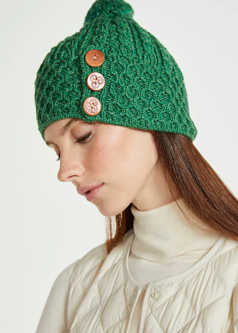 Aran Merino Wool Button Hat with Pom Pom - Natural