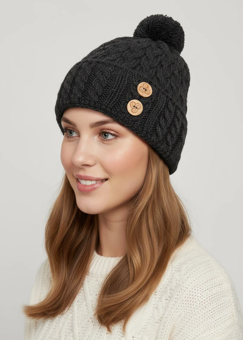 Aran Supersoft Merino Button Hat | Charcoal