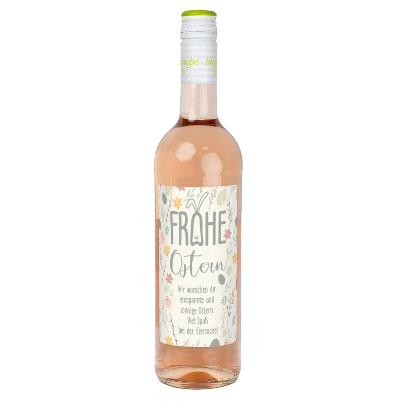 Biorebe Wein "Frohe Ostern" mit Wunschtext und pastellfarbenen Ostermotiven