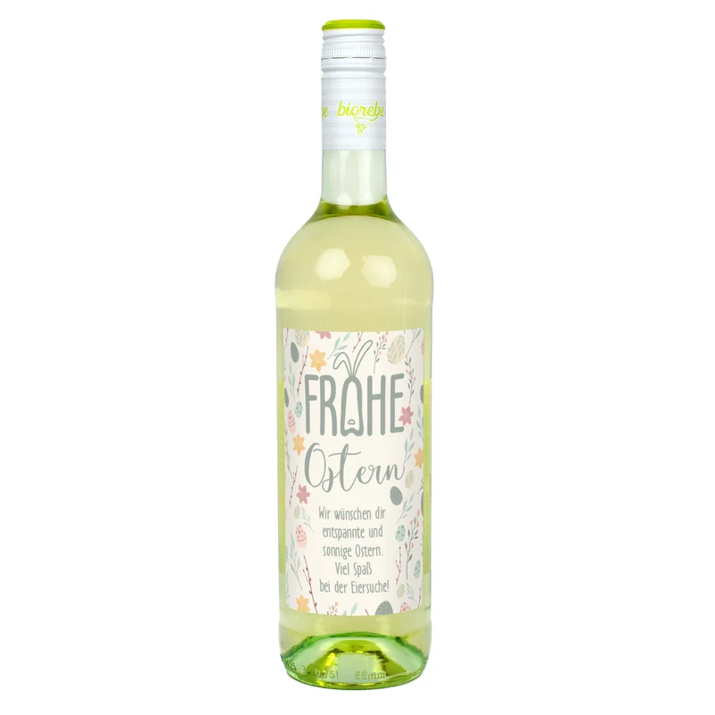 Biorebe Wein "Frohe Ostern" mit Wunschtext und pastellfarbenen Ostermotiven