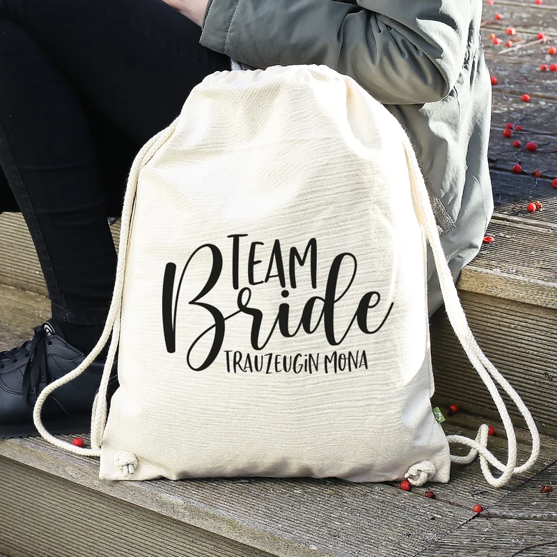 JGA Baumwoll-Rucksack mit Wunschname | Team Bride | Schwarz & Natur