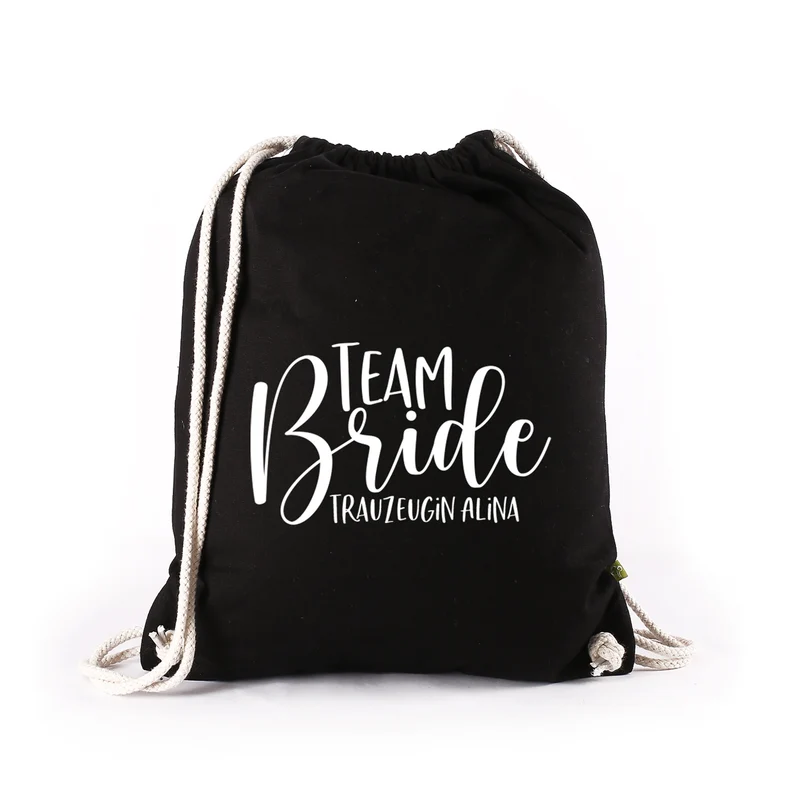 JGA Baumwoll-Rucksack mit Wunschname | Team Bride | Schwarz & Natur