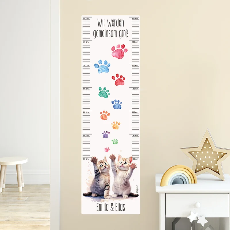 Wandtattoo Messlatte Katzen-Zwillinge mit Namensaufdruck für Geschwister