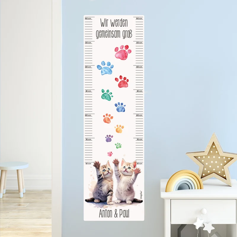 Wandtattoo Messlatte Katzen-Zwillinge mit Namensaufdruck für Geschwister