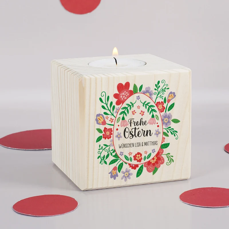 Teelichthalter aus Holz zu Ostern mit Wunschtext & buntem Blumen Motiv