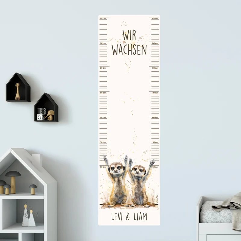 Wandtattoo Messlatte Erdmännchen-Zwillinge mit Namensaufdruck