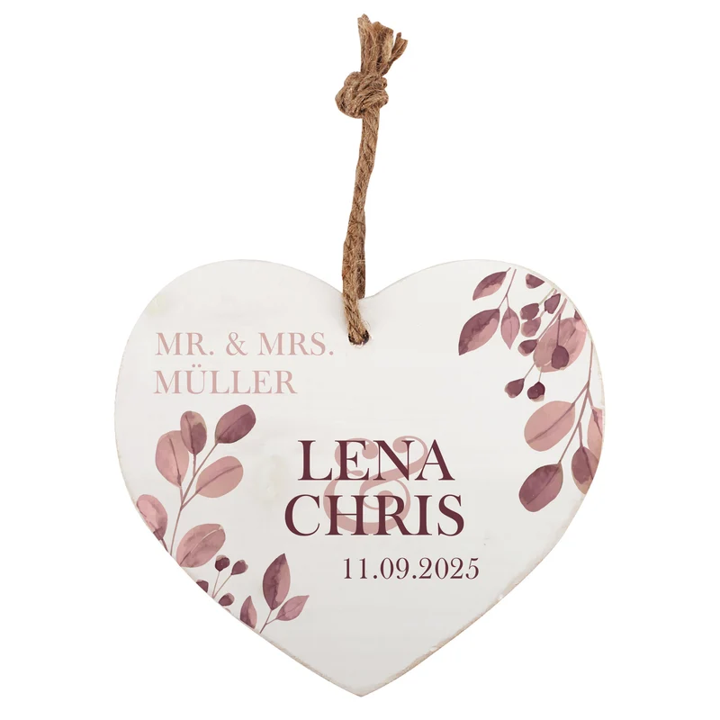 Holzherz mit Wunschnamen und Datum – Romantisches Geschenk mit Blatt-Motiv