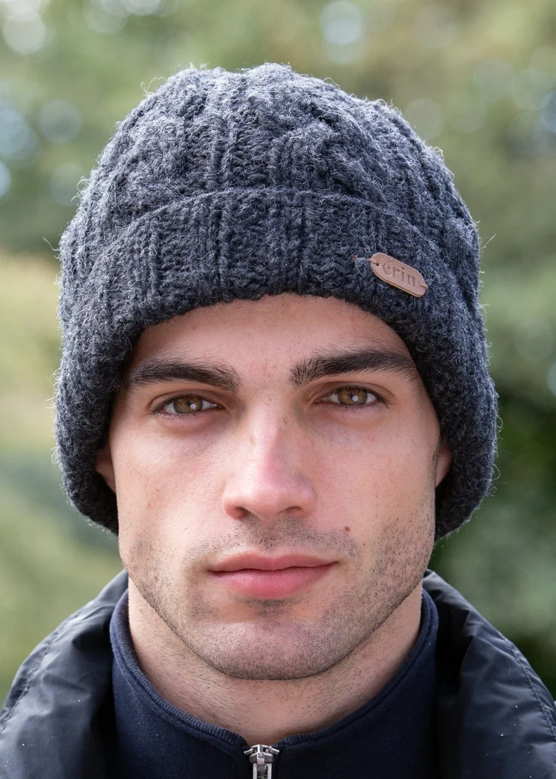 Aran Cable Knit Turnup Hat - Charcoal