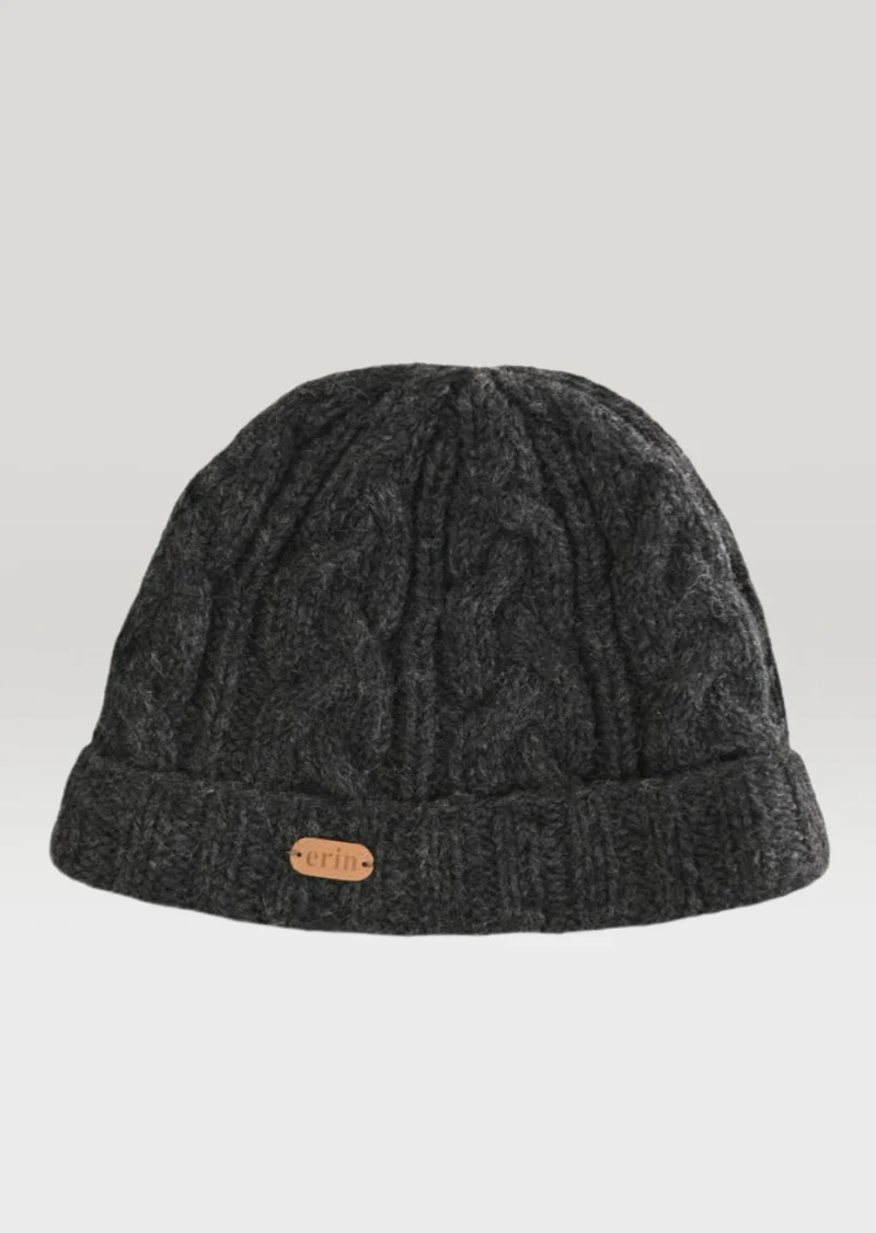 Aran Cable Knit Turnup Hat - Charcoal