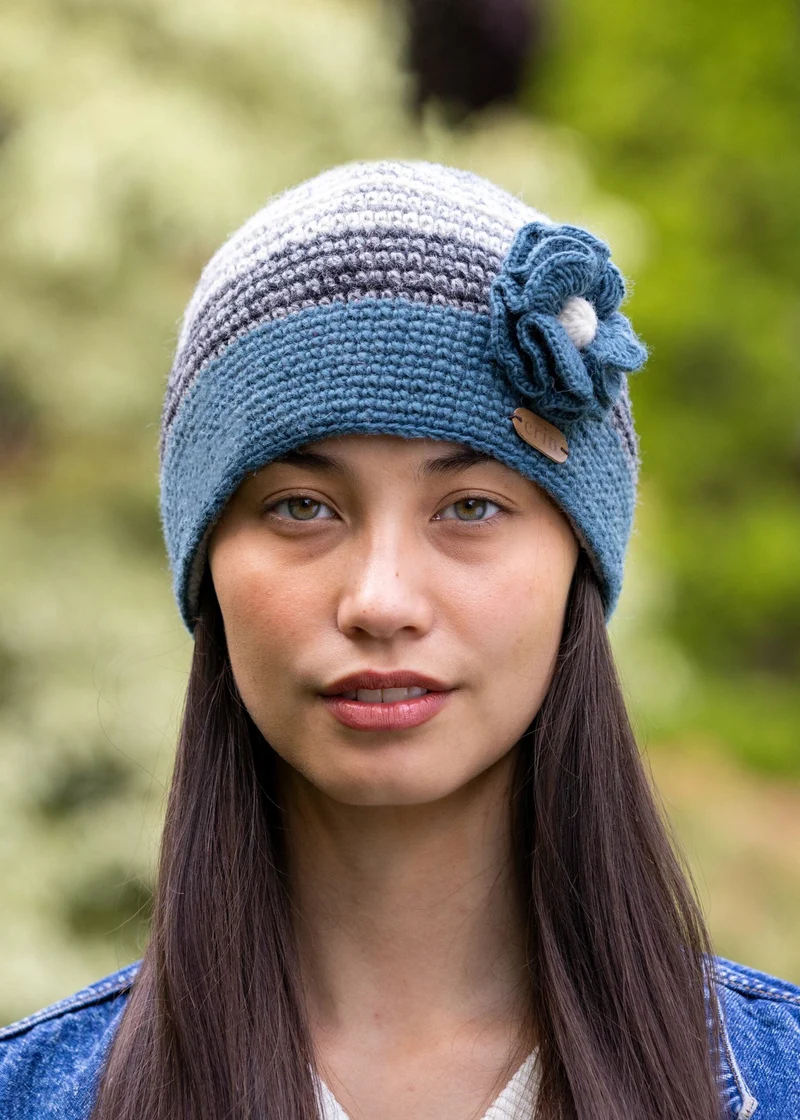 Erin Women's Handcrafted Crochet Flower Cap | Denim Grey Wool
