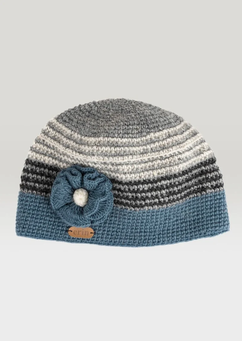 Erin Women's Handcrafted Crochet Flower Cap | Denim Grey Wool