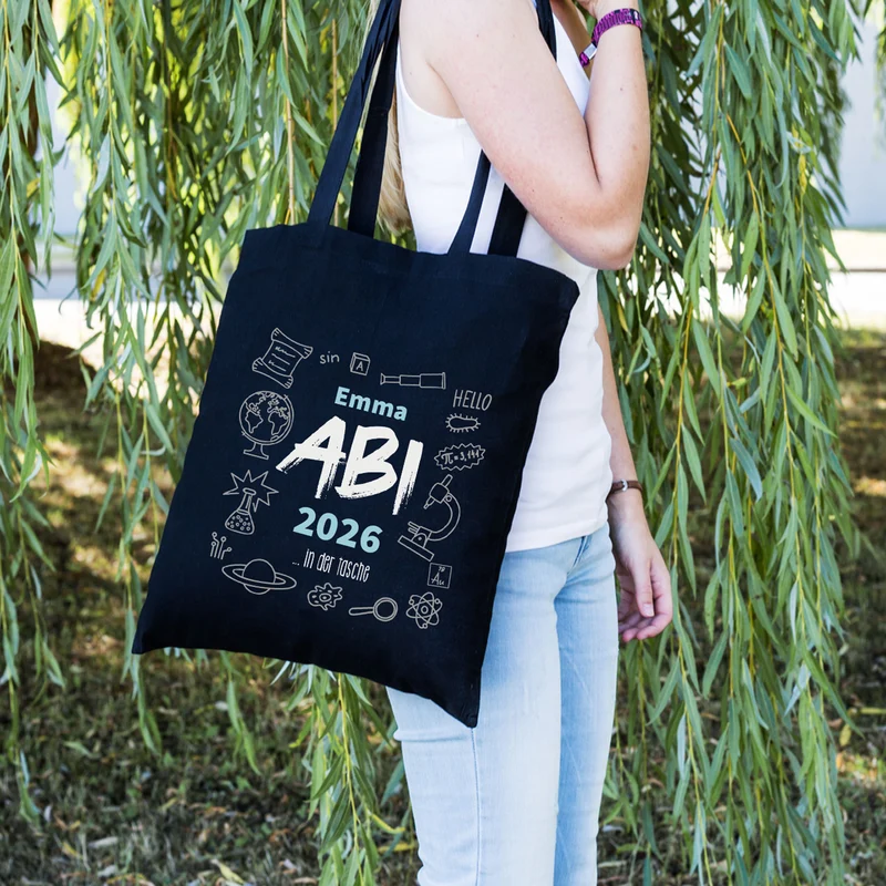 Baumwolltasche zum bestandenen Abitur mit Name, Jahr und Wunschtext