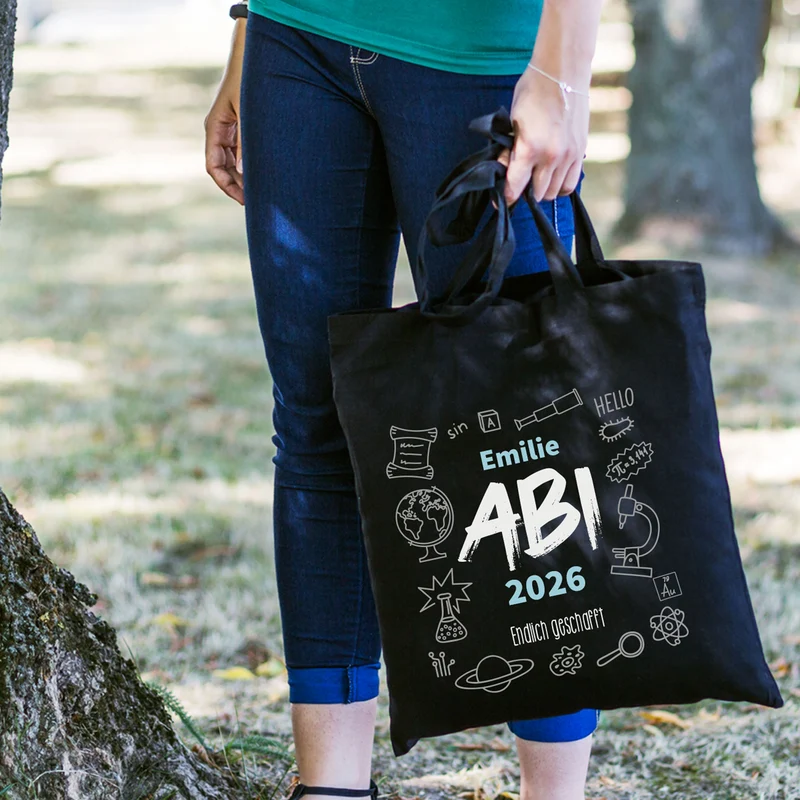 Baumwolltasche zum bestandenen Abitur mit Name, Jahr und Wunschtext