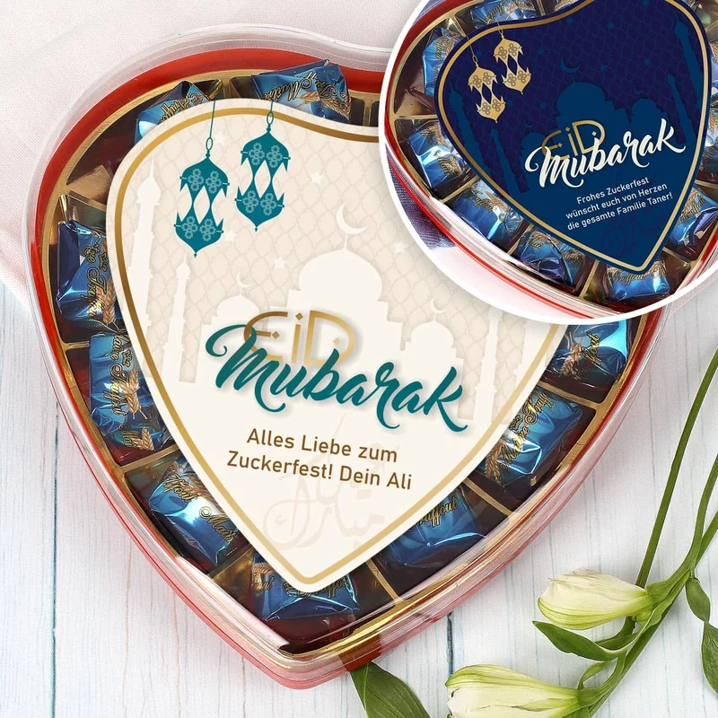 Pralinenherz zum Zuckerfest mit Wunschtext | Eid Mubarak Pralinen | 2 Sorten & Farbauswahl