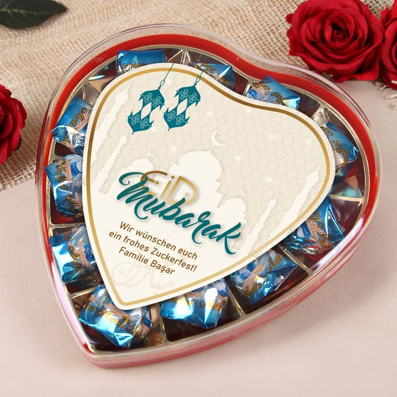 Pralinenherz zum Zuckerfest mit Wunschtext | Eid Mubarak Pralinen | 2 Sorten & Farbauswahl