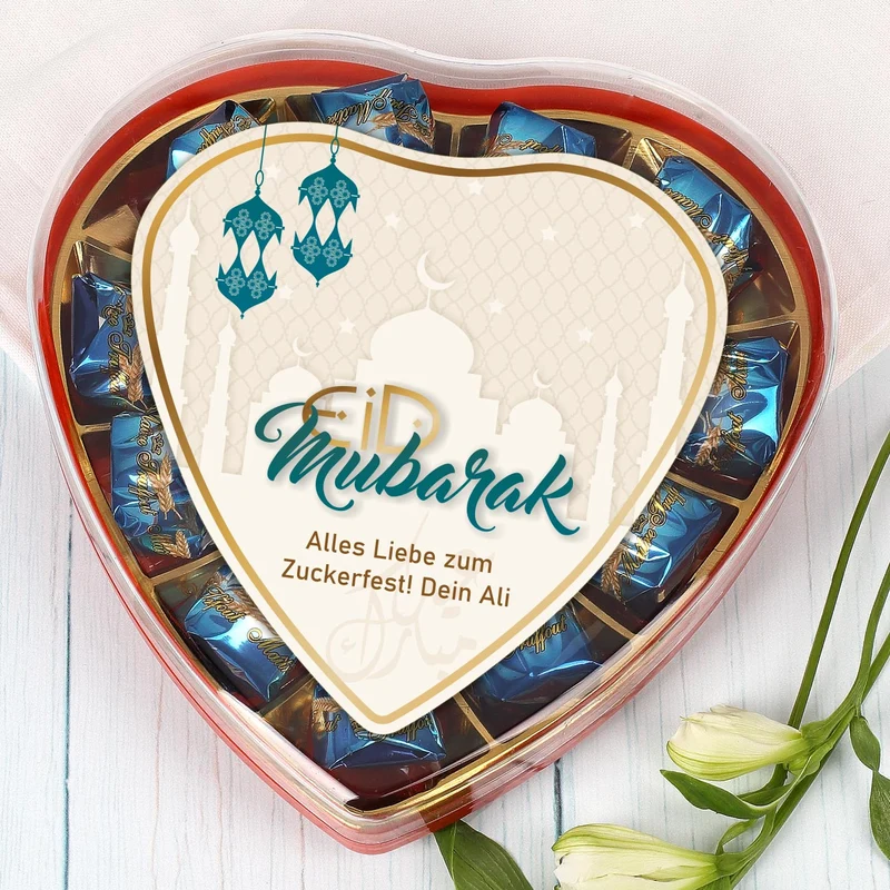 Pralinenherz zum Zuckerfest mit Wunschtext | Eid Mubarak Pralinen | 2 Sorten & Farbauswahl