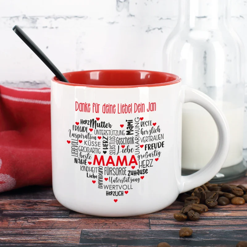 Muttertagsgeschenk - großer Kaffeepott mit Herz und Wunschtext
