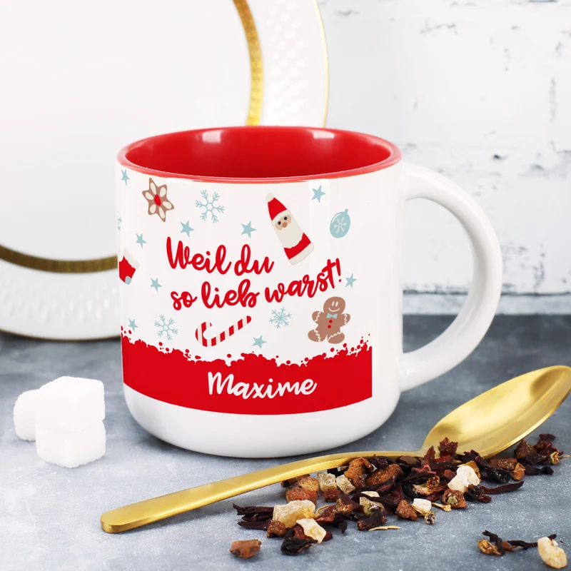 Große Tasse - Weil du so lieb warst - mit Name und Weihnachtsmotiv