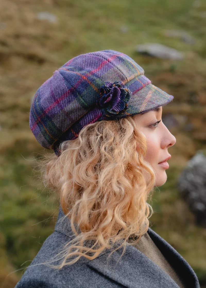 Ladies Tweed Rosette Hat | Purple Green Plaid