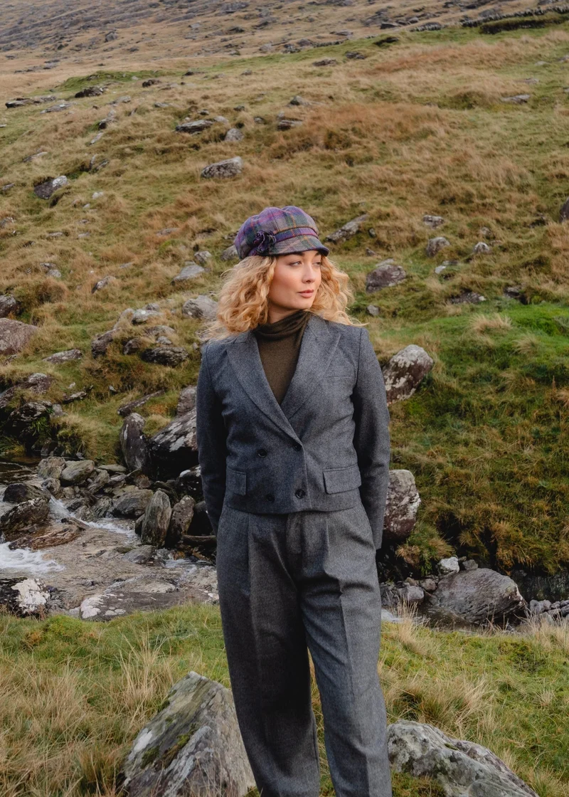 Ladies Tweed Rosette Hat | Purple Green Plaid